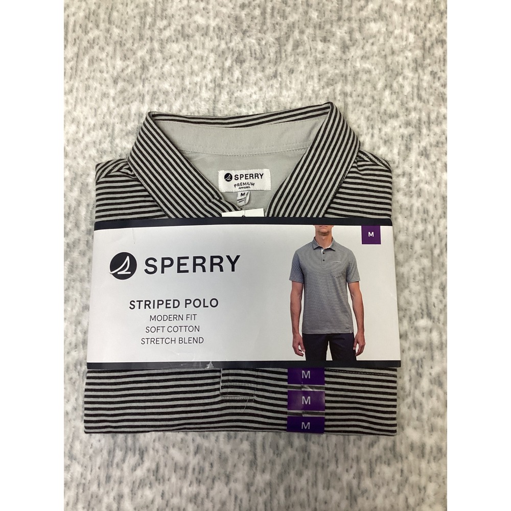 Sperry Mens Striped Polo Shirt Modern Fit Gray Charcoal Stretch Cotton 319340 M